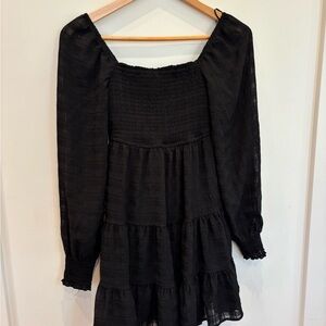 Black Smocked Tiered Long-Sleeve Dress